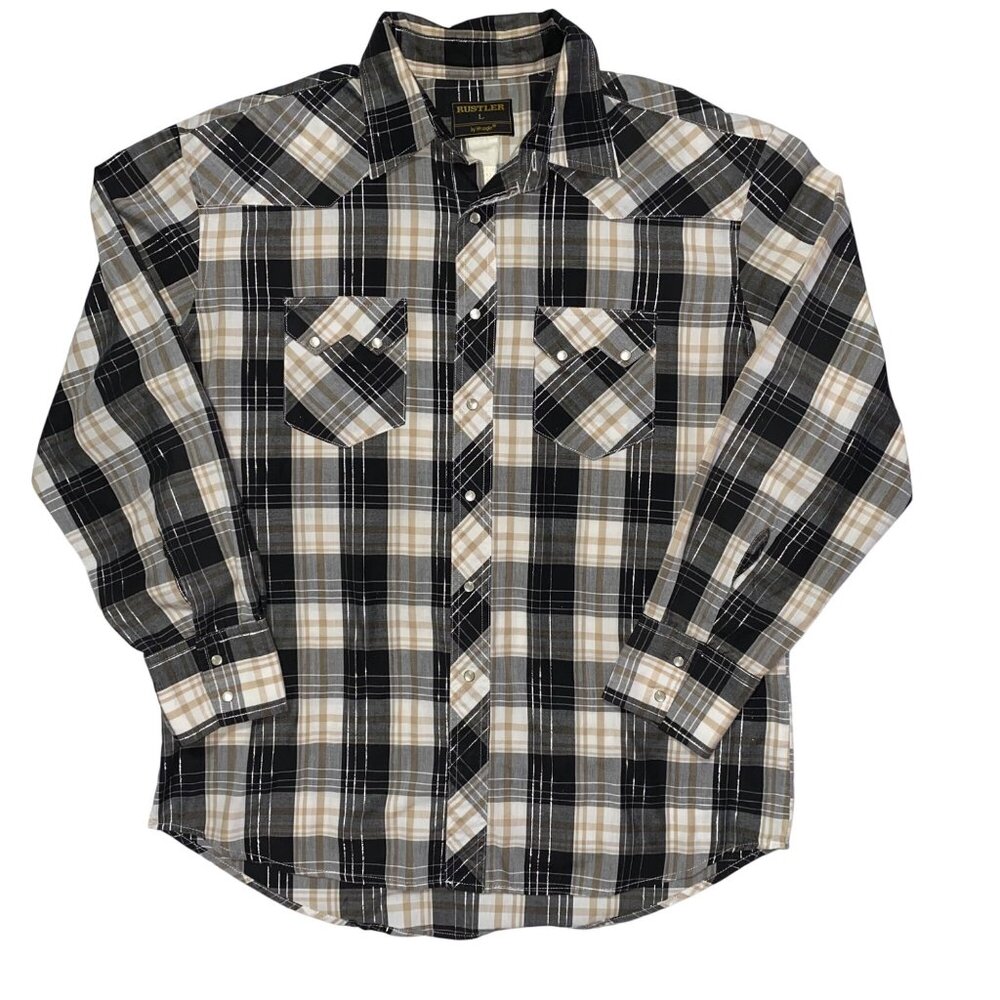 VTG Rustler by‎ Wrangler Pearl Snap Western Shirt L Plaid Cowboy Rodeo Farmcore